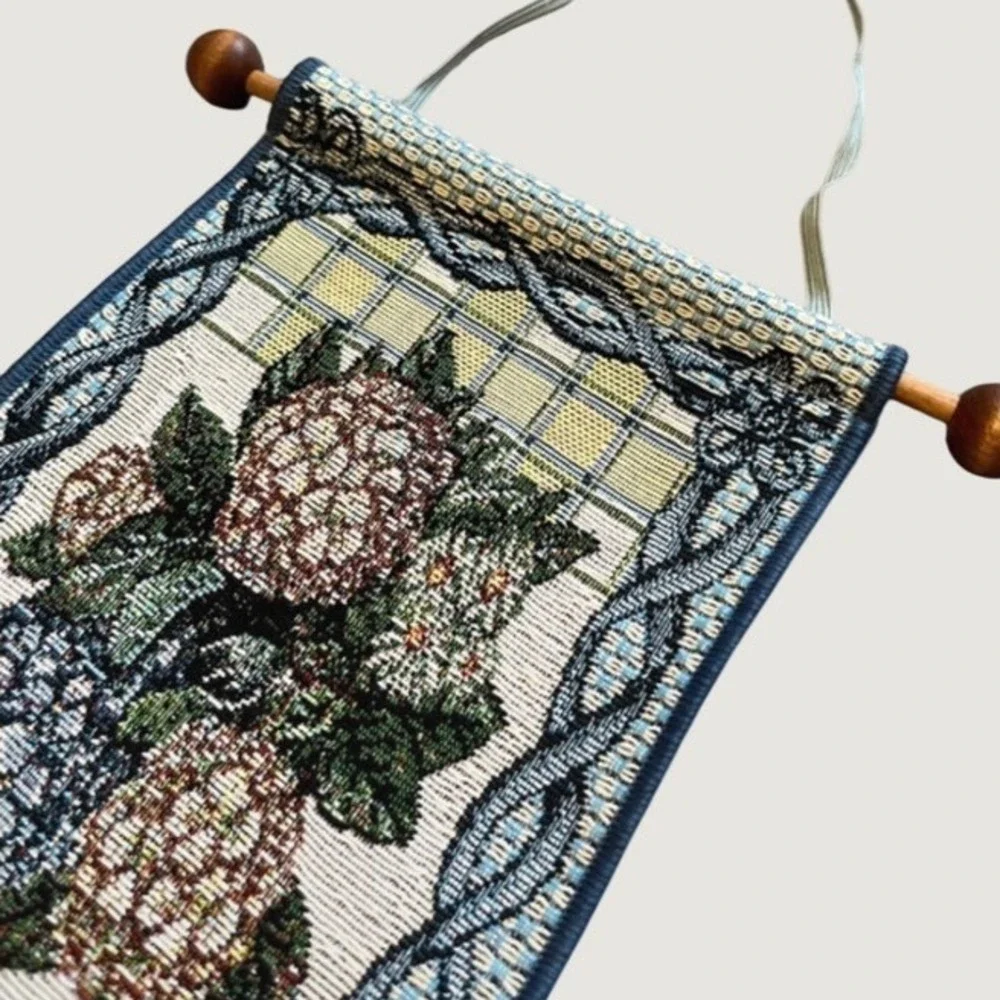 Floral Tapestry Wall Hanging Vertical Blue Tassel Wooden Dowel 48 in